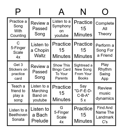 Piano Practice Bingo Challenge Bingo Card