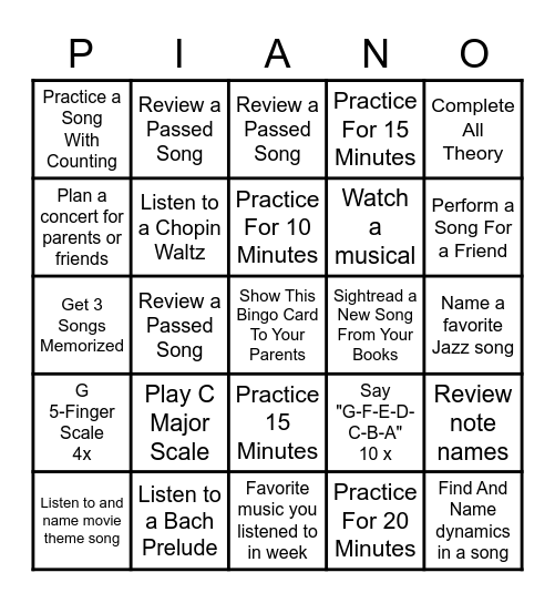 Piano Practice Bingo Challenge Bingo Card