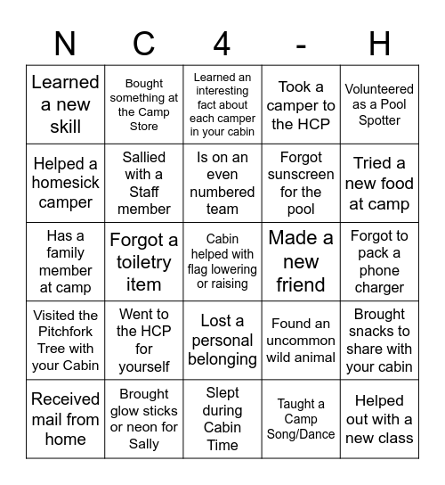 4-H Camp Bingo Card