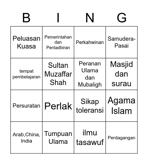 Kegemilangan Kesultanan Melayu Melaka Bingo Card
