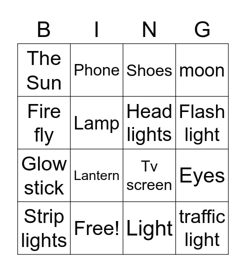 Sources of light Bingo Card