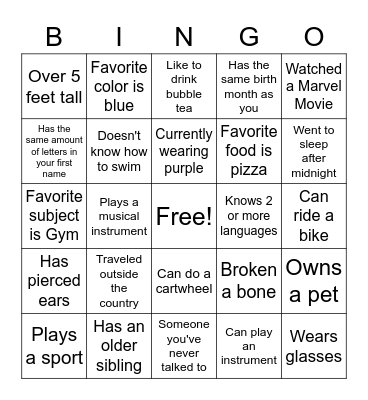 Classroom Bingo Card
