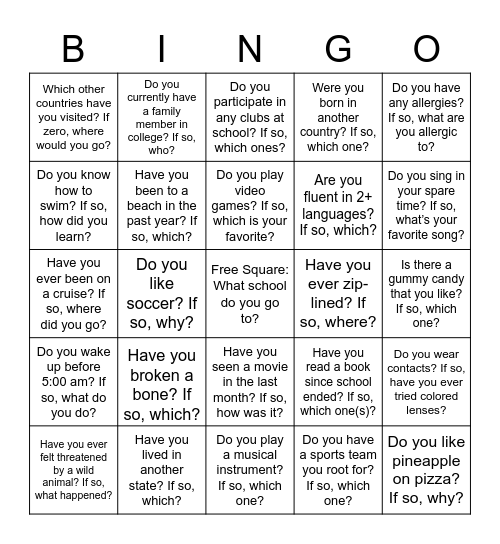 Bingo Icebreaker Bingo Card