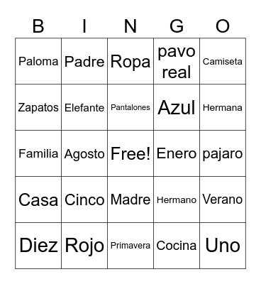 Bingo en Español Bingo Card