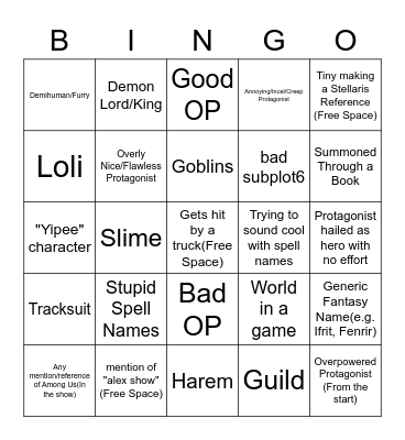 Isekai Bingo Card