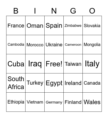 Country Bingo Card