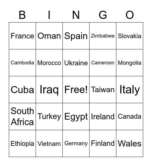 Country Bingo Card