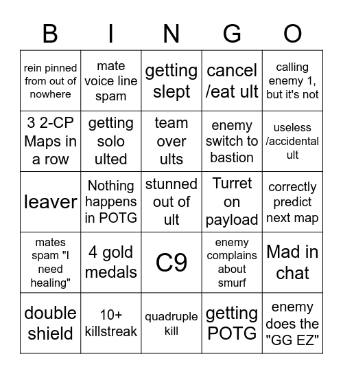 Overwatch Same Team Bingo Card