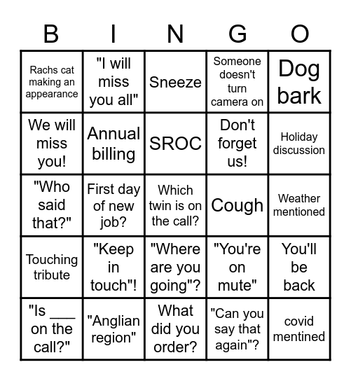 Jaynes Farewell Bingo Card