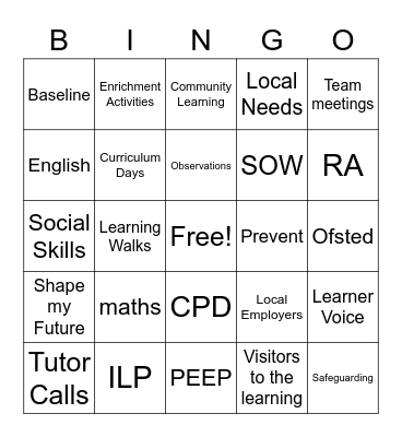 Supported Internship Bingo Card