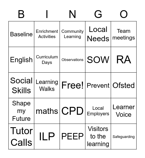 Supported Internship Bingo Card