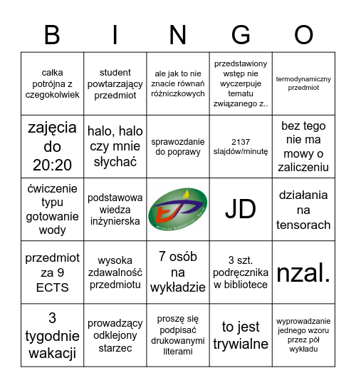 typowy semestr na wejp bingo Card