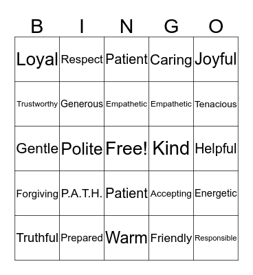 P.A.T.H. Bingo Card