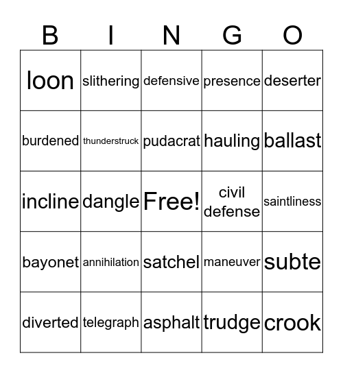 Countdown Vocabulary Bingo Card