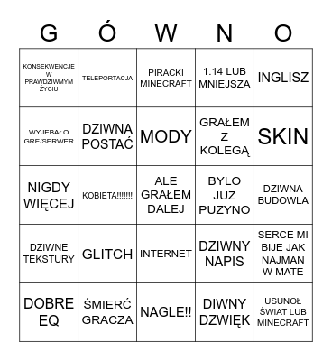 Minecraft Strasznemakarony BINO PL tylko że lepsze Bingo Card