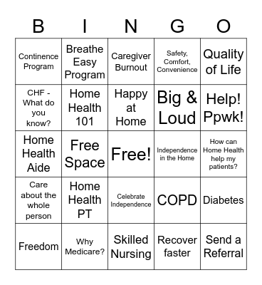 Home Health Freedom Bingo Card