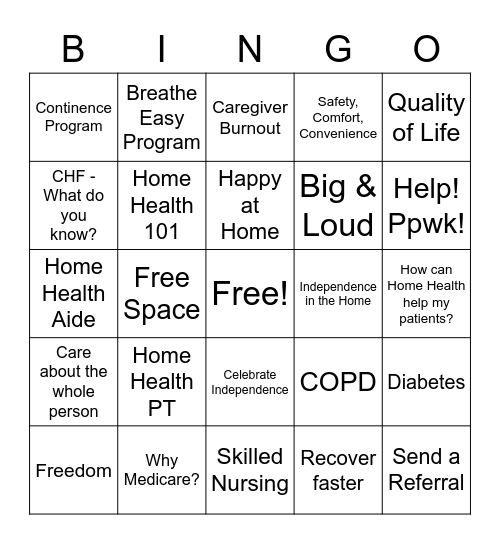 Home Health Freedom Bingo Card