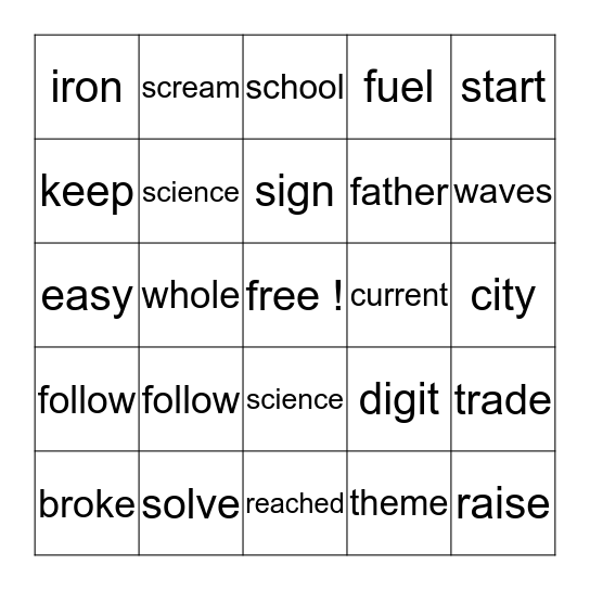 Sight Word Bingo Card