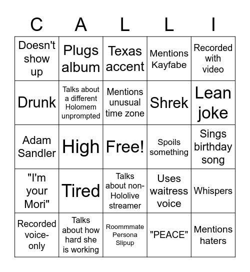 Calli Call-in Bingo Card