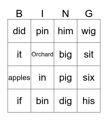 Short i spelling words Bingo Card