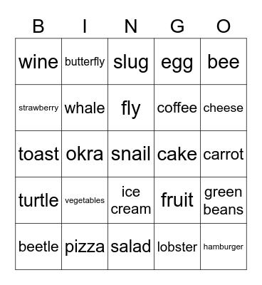 Animals 2 and food Manythings.org/lulu Bingo Card