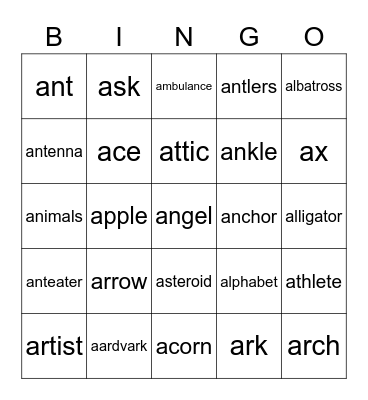 Letter A Week Bingo Card