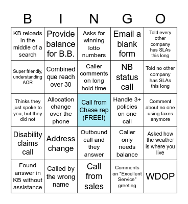 Call Center Bingo Card