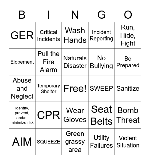 SAFETY FIRST Bingo Card