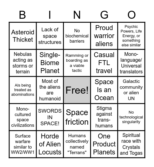 Space Opera Bingo Card Bingo Card