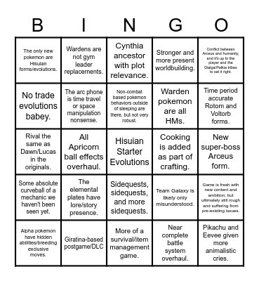 Pokemon Legends Arceus Bingo Card