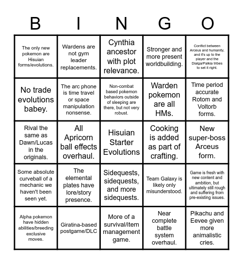 Pokemon Legends Arceus Bingo Card