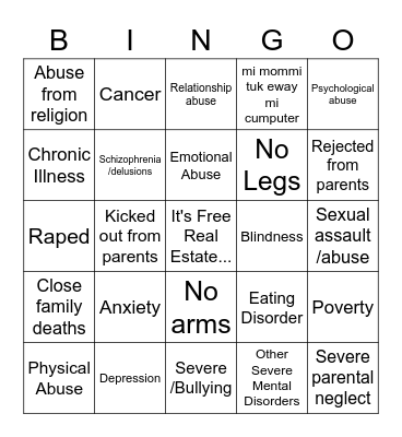Childhood Trauma Bingo Card