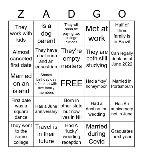 ZADGO Bingo Card