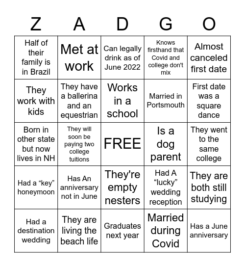 ZADGO Bingo Card