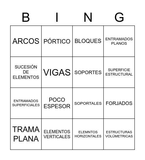 TIPOS DE ESTRUCTURAS Bingo Card