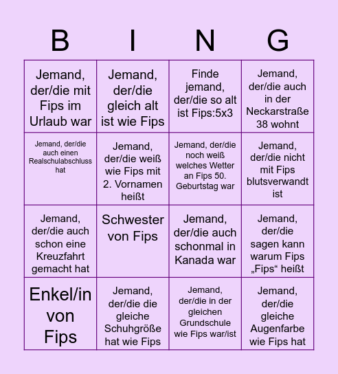 Fips 70. Geburtstag Bingo Card