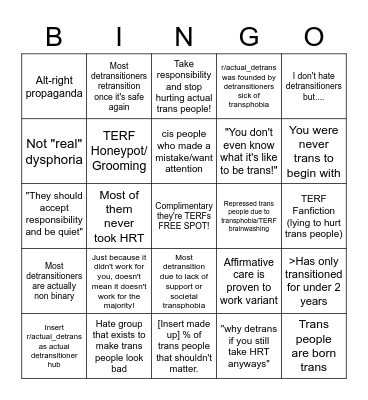 Trans people lying about detransitioners Bingo Card