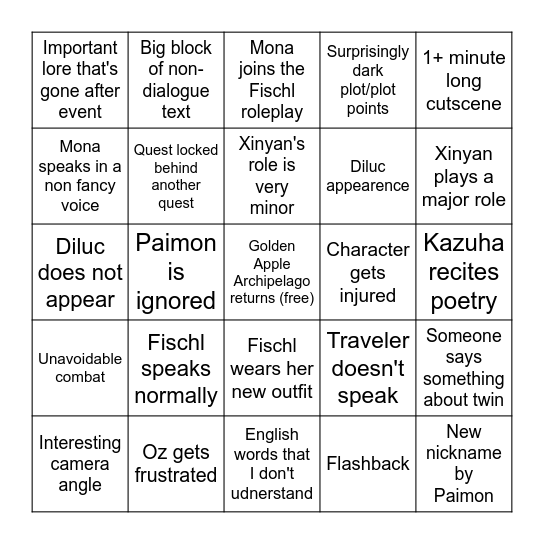 Genshin 2.8 Event Bingo Card