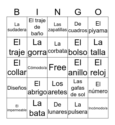 Spanish 2 Chapter 3 Bingo A Bingo Card