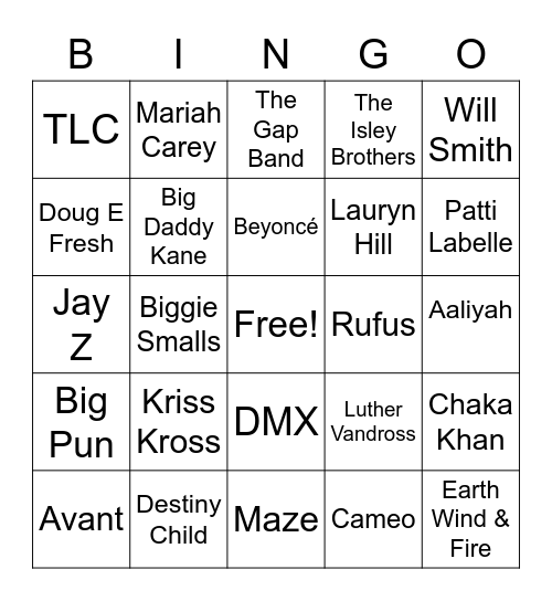 R&B Old School Bingo Card