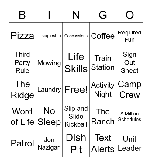 Camp Crew Bingo Card