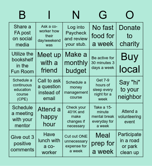 Summer Wellness Bingo Card