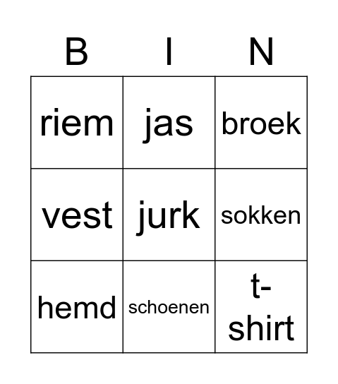 Kleding Bingo Card