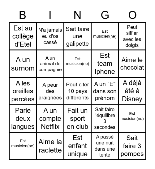 Bingo de la connaissance des autres Bingo Card