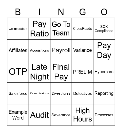 Payroll Services Team Bingo Card