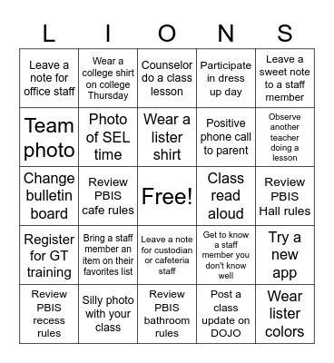Lister Staff Bingo Card