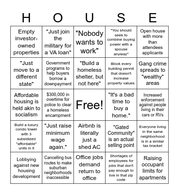Doing anything except letting housing prices fall Bingo Card