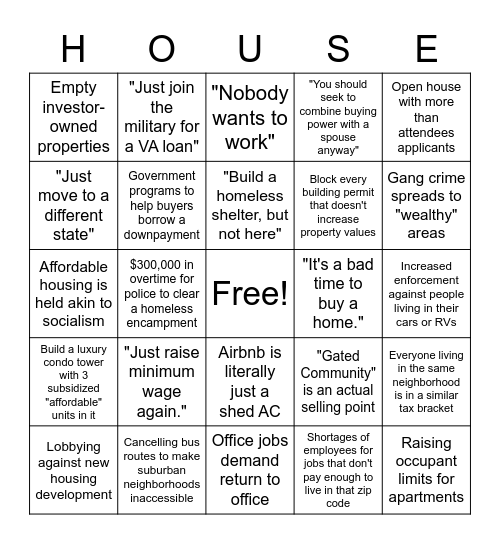 Doing anything except letting housing prices fall Bingo Card
