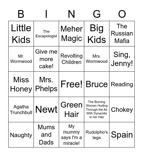 Matilda Junior Bingo Card