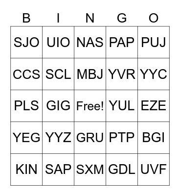 CENTRAL/SOUTH AMERICA AND CANADA Bingo Card